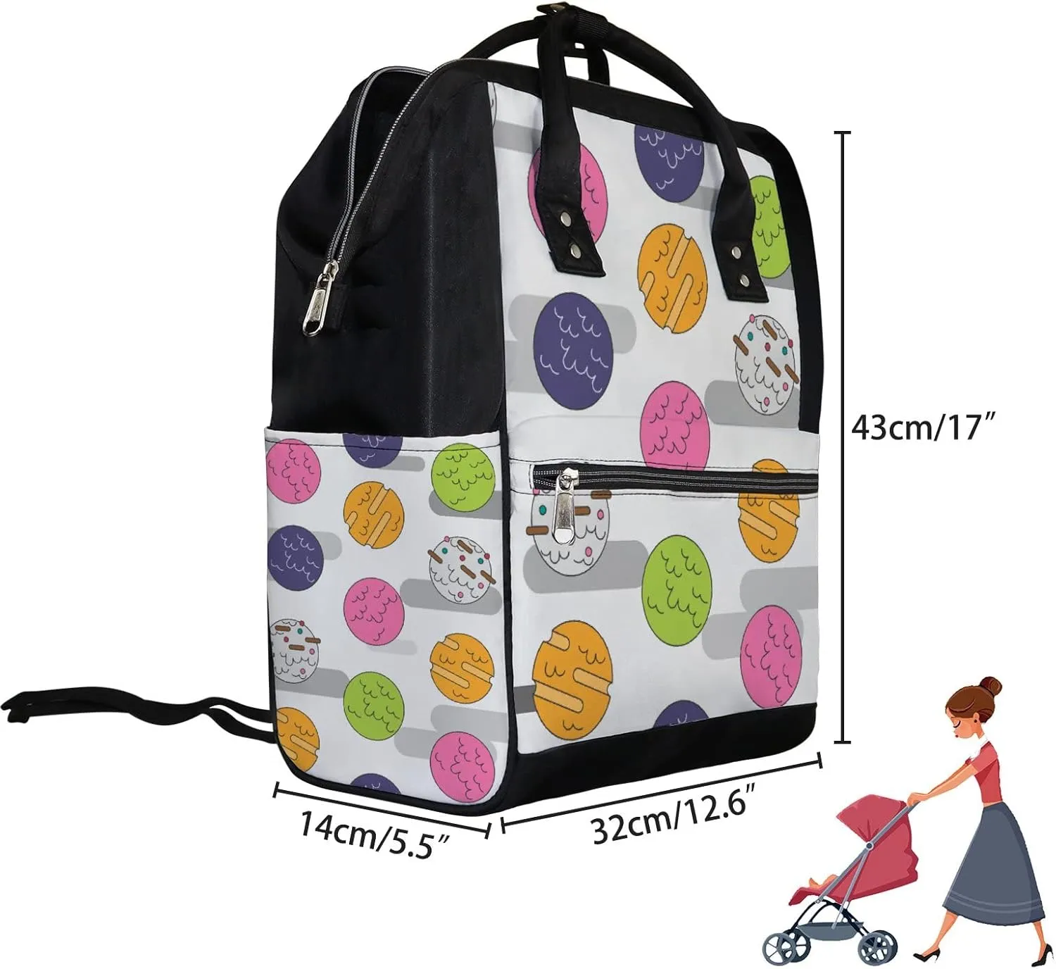Ice Cream Form Balls Diaper Bag Backpack Waterproof Backpack Baby Nappy Changing Bag for Travel Large Capacity Durable and Stylish for Woman