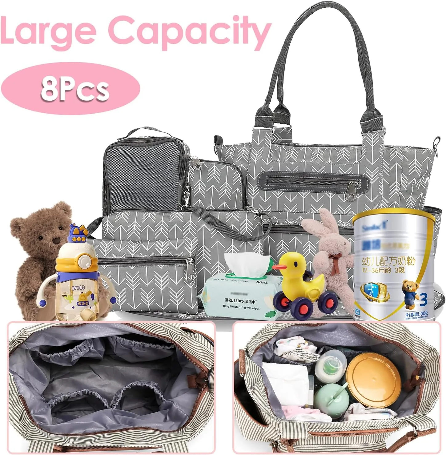iMounTEK 8Pcs Diaper Bag Tote Set, Multifunctional Diaper Handbag, Large Travel Diaper Carry Bag with Multi Pocket