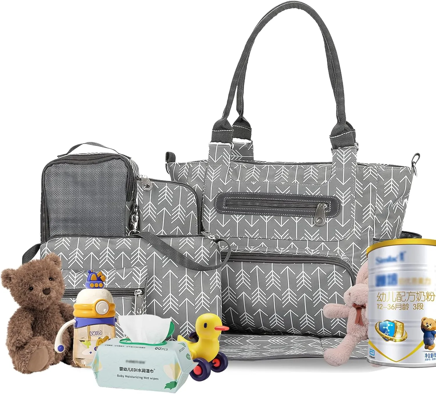 iMounTEK 8Pcs Diaper Bag Tote Set, Multifunctional Diaper Handbag, Large Travel Diaper Carry Bag with Multi Pocket