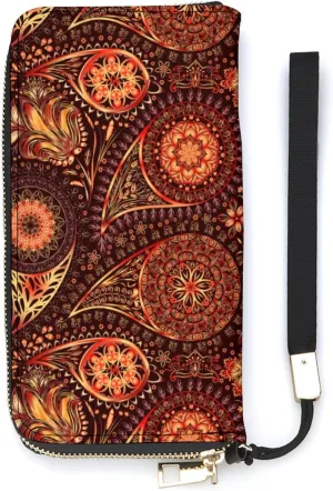 Indian Paisley Women's Leather Long Large Capacity Wallet Clutch Wallet with Hand Strap, 20x10.5cm, style-22