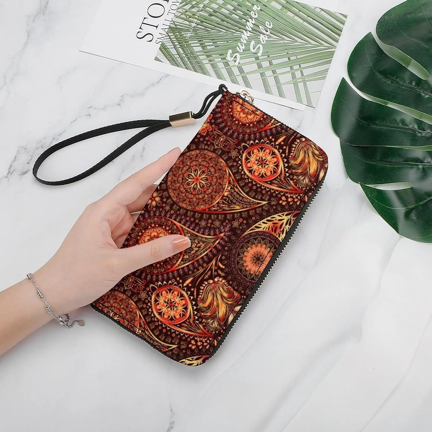 Indian Paisley Women's Leather Long Large Capacity Wallet Clutch Wallet with Hand Strap, 20x10.5cm, style-22