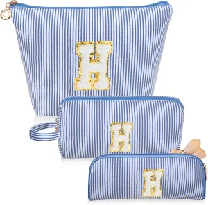 Initials Makeup Bag Set, Personalized Blue Cosmetic Bag, Cute Large Make up Bags, Travel Toiletry Bag for Women Girl Gifts H(Blue)