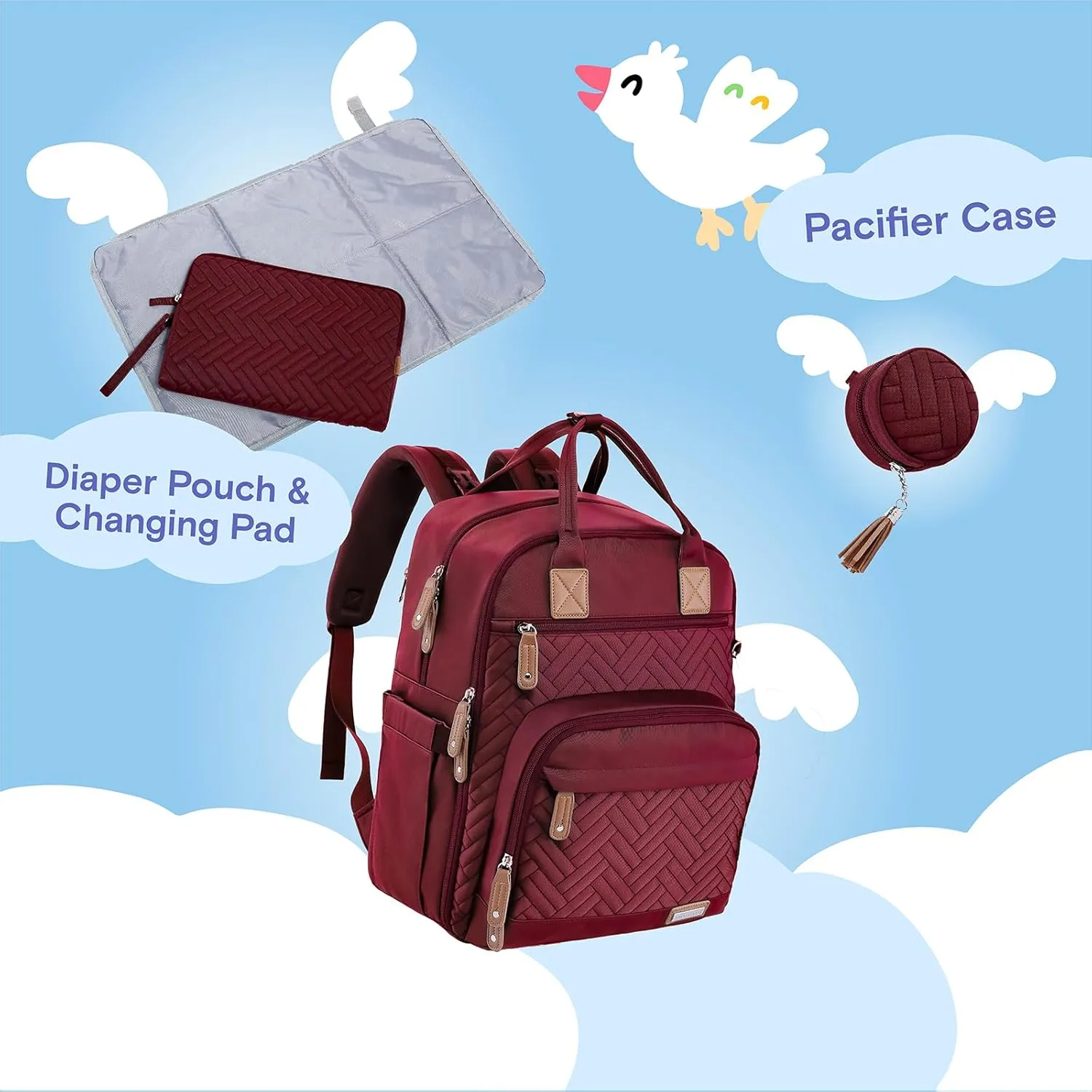iniuniu Diaper Bag Backpack, 4 in 1 kit Large Unisex Baby Bags for Boys Girls, Waterproof Travel Back Pack with Diaper Pouch, Washable Changing Pad, Pacifier Case and Stroller Straps, Red