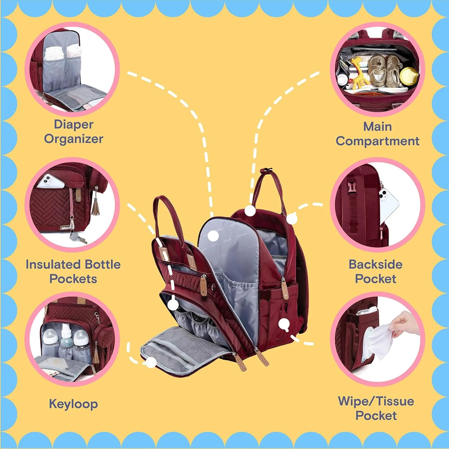 iniuniu Diaper Bag Backpack, 4 in 1 kit Large Unisex Baby Bags for Boys Girls, Waterproof Travel Back Pack with Diaper Pouch, Washable Changing Pad, Pacifier Case and Stroller Straps, Red