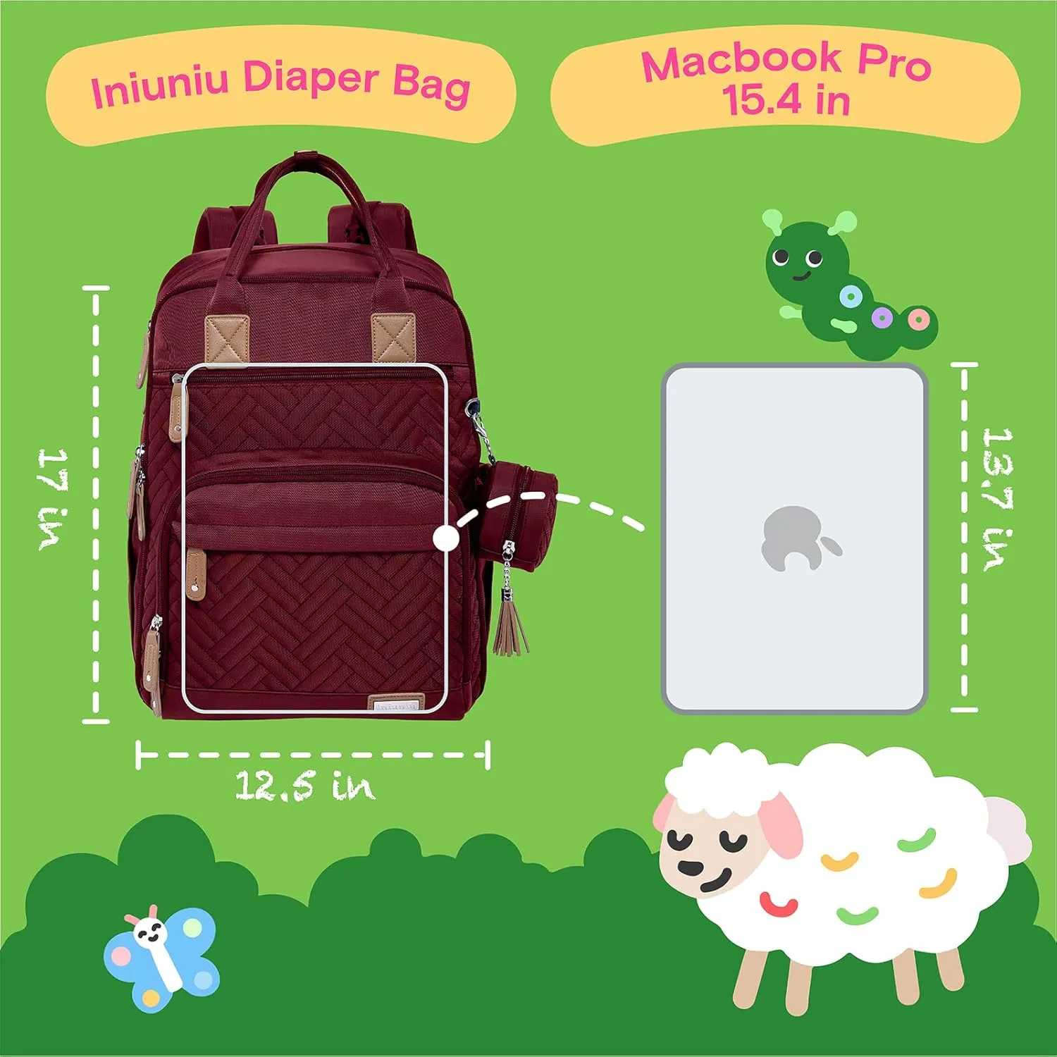iniuniu Diaper Bag Backpack, 4 in 1 kit Large Unisex Baby Bags for Boys Girls, Waterproof Travel Back Pack with Diaper Pouch, Washable Changing Pad, Pacifier Case and Stroller Straps, Red