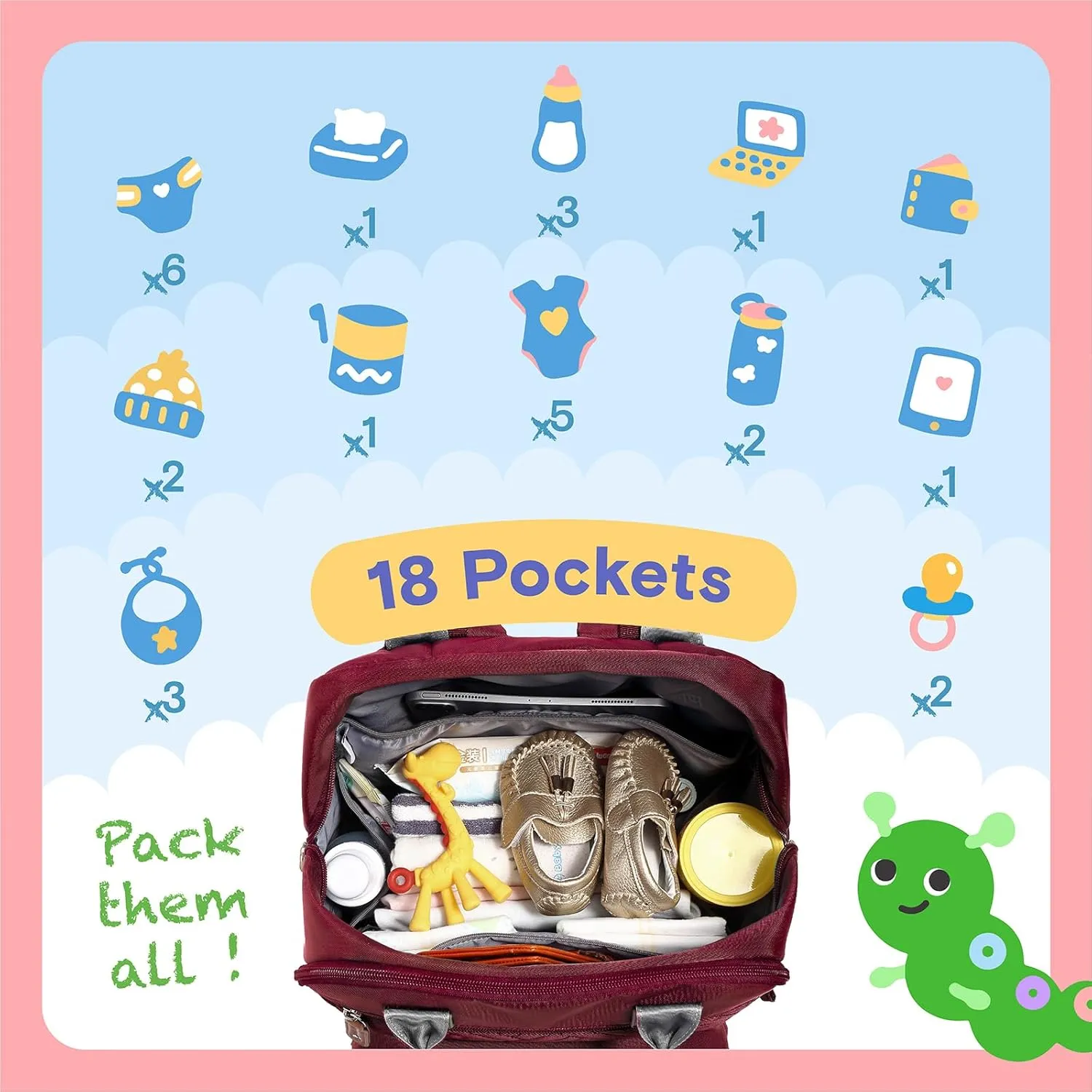 iniuniu Diaper Bag Backpack, 4 in 1 kit Large Unisex Baby Bags for Boys Girls, Waterproof Travel Back Pack with Diaper Pouch, Washable Changing Pad, Pacifier Case and Stroller Straps, Red