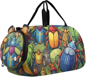 Insect Beetles Cartoon Sports Duffle Bag for Teens Girls Boys, Gym Bag with Shoe Compartment, Kids Travel Overnight Weekender Shoulder Bag