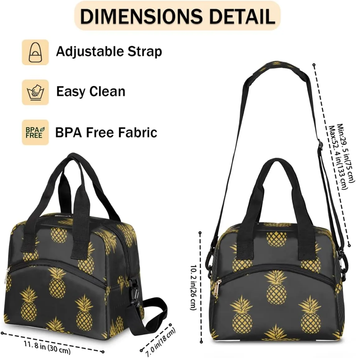 Insulated Lunch Bag for Women Men, Golden Pineapple Black Pattern, Reusable Lunch Cooler Bag, Large Lunch Tote Bag for Work Picnic Travel School