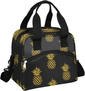 Insulated Lunch Bag for Women Men, Golden Pineapple Black Pattern, Reusable Lunch Cooler Bag, Large Lunch Tote Bag for Work Picnic Travel School