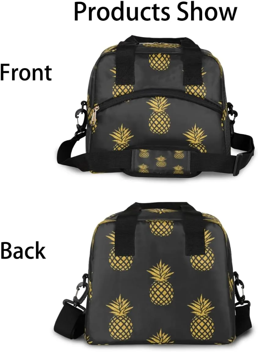 Insulated Lunch Bag for Women Men, Golden Pineapple Black Pattern, Reusable Lunch Cooler Bag, Large Lunch Tote Bag for Work Picnic Travel School
