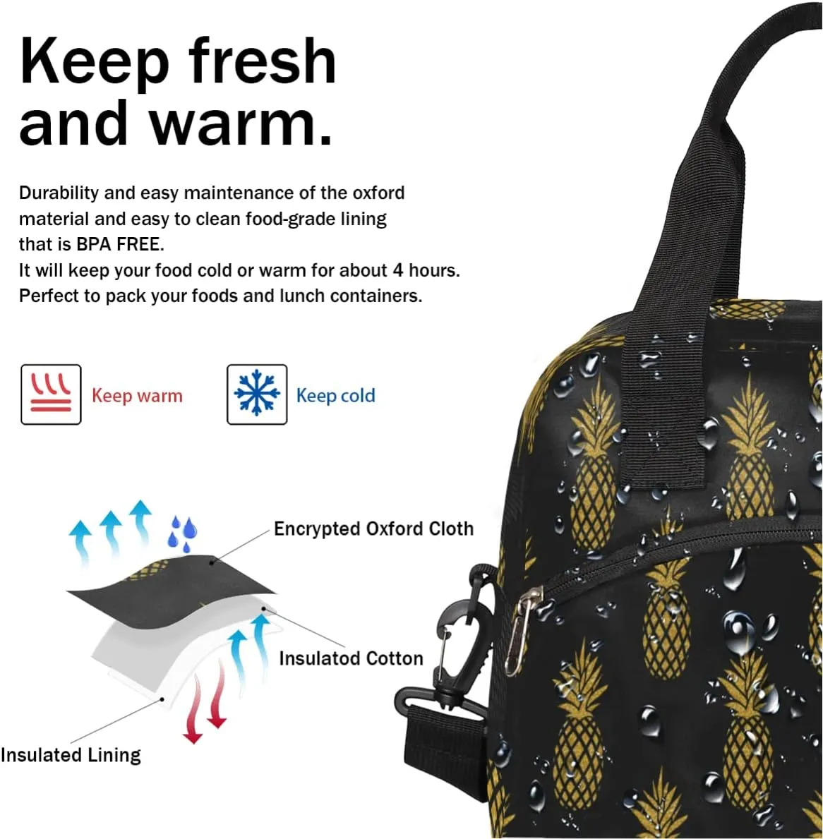 Insulated Lunch Bag for Women Men, Golden Pineapple Black Pattern, Reusable Lunch Cooler Bag, Large Lunch Tote Bag for Work Picnic Travel School
