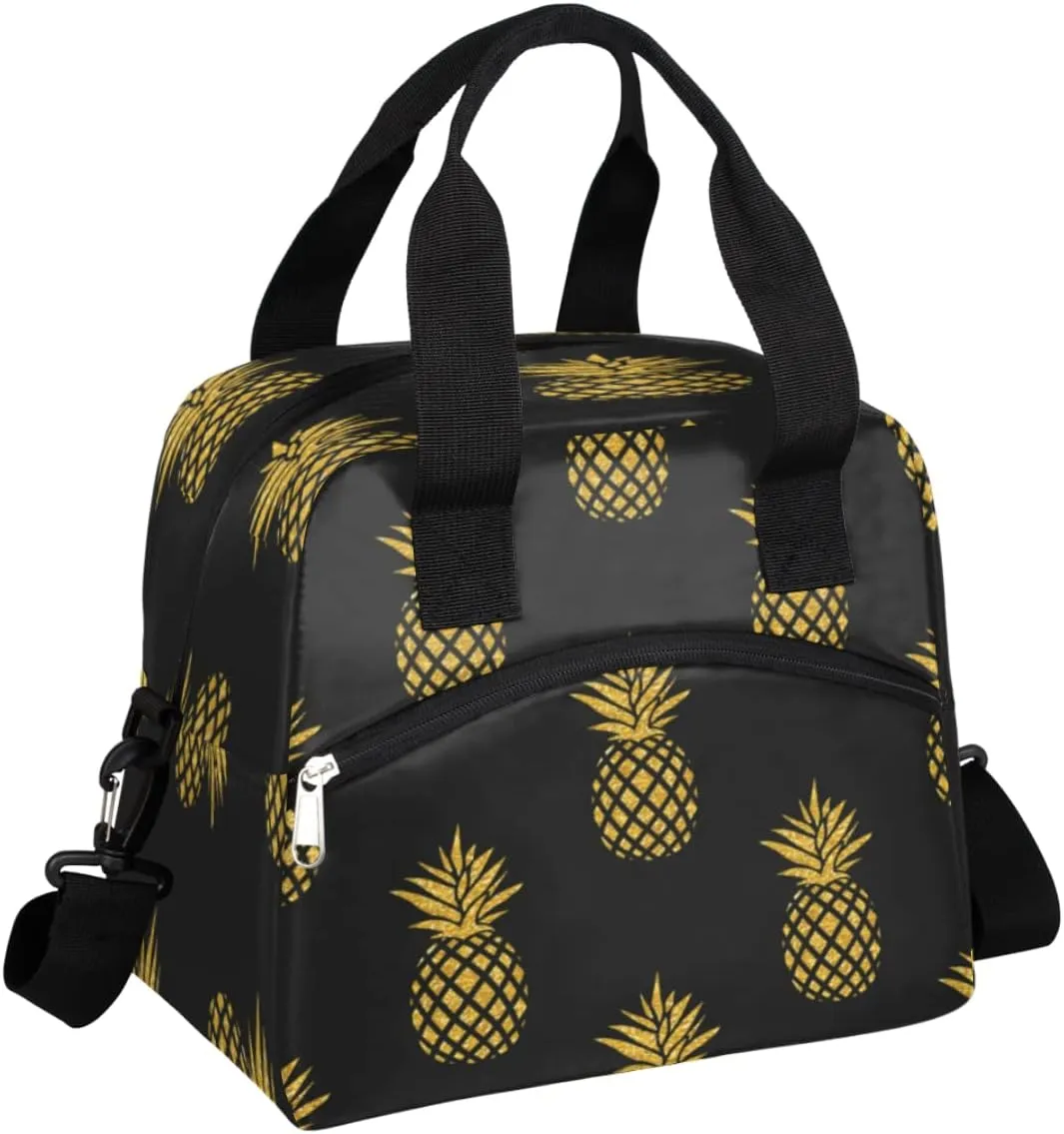 Insulated Lunch Bag for Women Men, Golden Pineapple Black Pattern, Reusable Lunch Cooler Bag, Large Lunch Tote Bag for Work Picnic Travel School