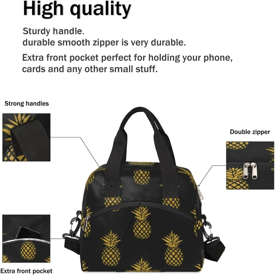 Insulated Lunch Bag for Women Men, Golden Pineapple Black Pattern, Reusable Lunch Cooler Bag, Large Lunch Tote Bag for Work Picnic Travel School