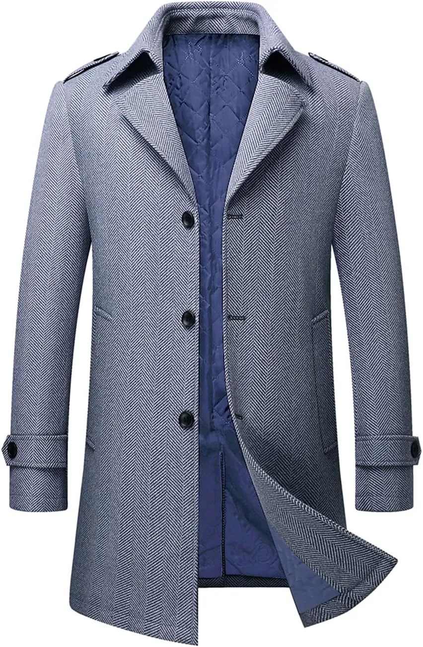 INVACHI Mens Wool Blend Coat Warm Winter Trench Coat Mid-Length Overcoat Classic Outwear with Notched Collar