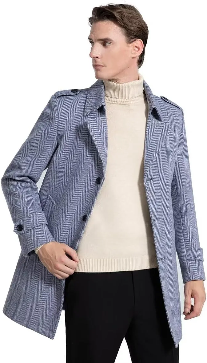 INVACHI Mens Wool Blend Coat Warm Winter Trench Coat Mid-Length Overcoat Classic Outwear with Notched Collar