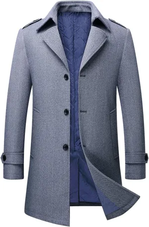 INVACHI Mens Wool Blend Coat Warm Winter Trench Coat Mid-Length Overcoat Classic Outwear with Notched Collar