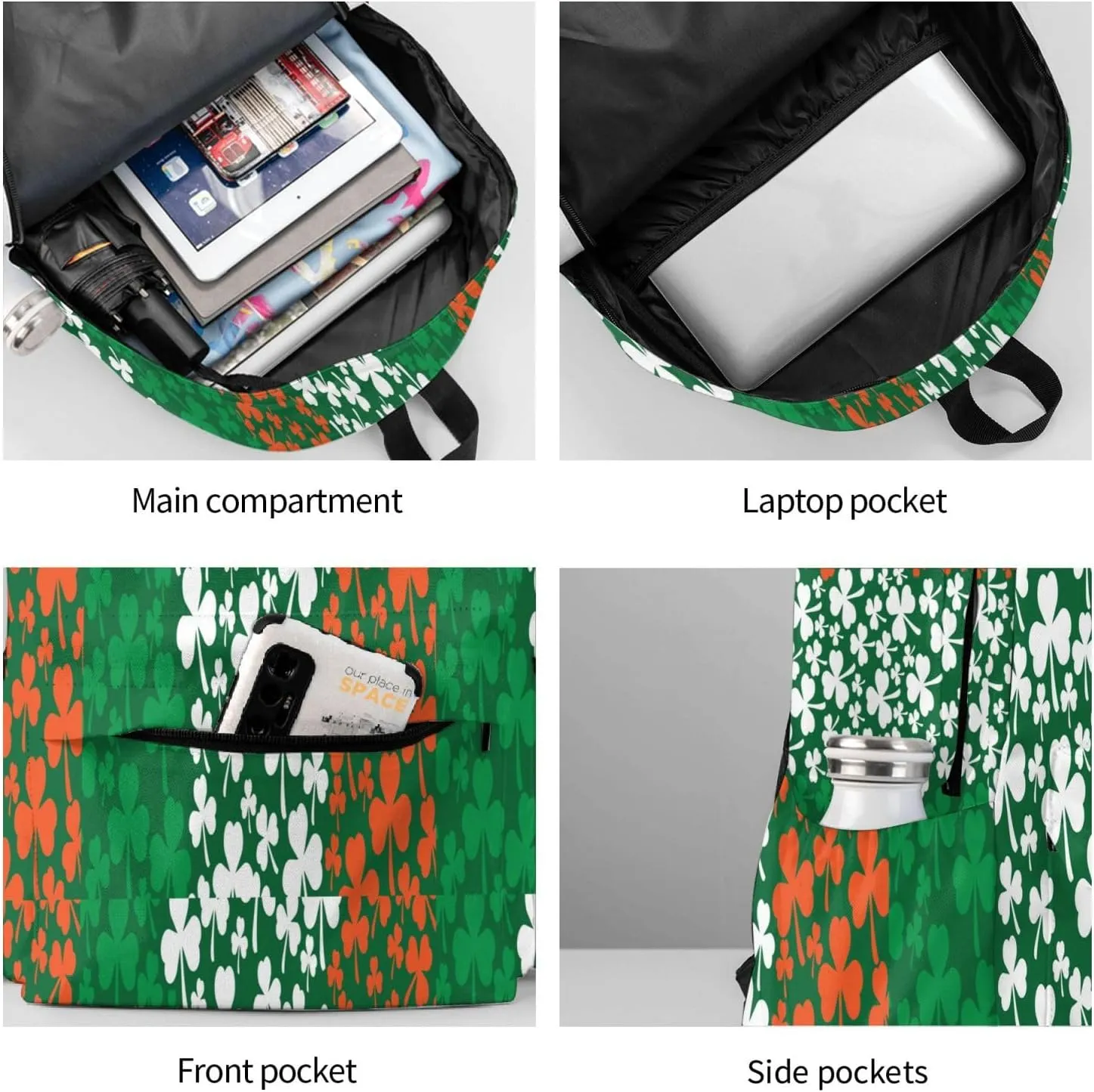 Irish Flag Shamrock Large Capacity Backpack Casual Double Shoulder Bag Laptop Backpack Travel Daypack For Women Men