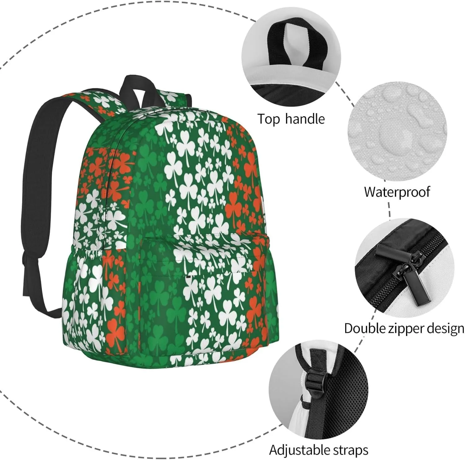 Irish Flag Shamrock Large Capacity Backpack Casual Double Shoulder Bag Laptop Backpack Travel Daypack For Women Men