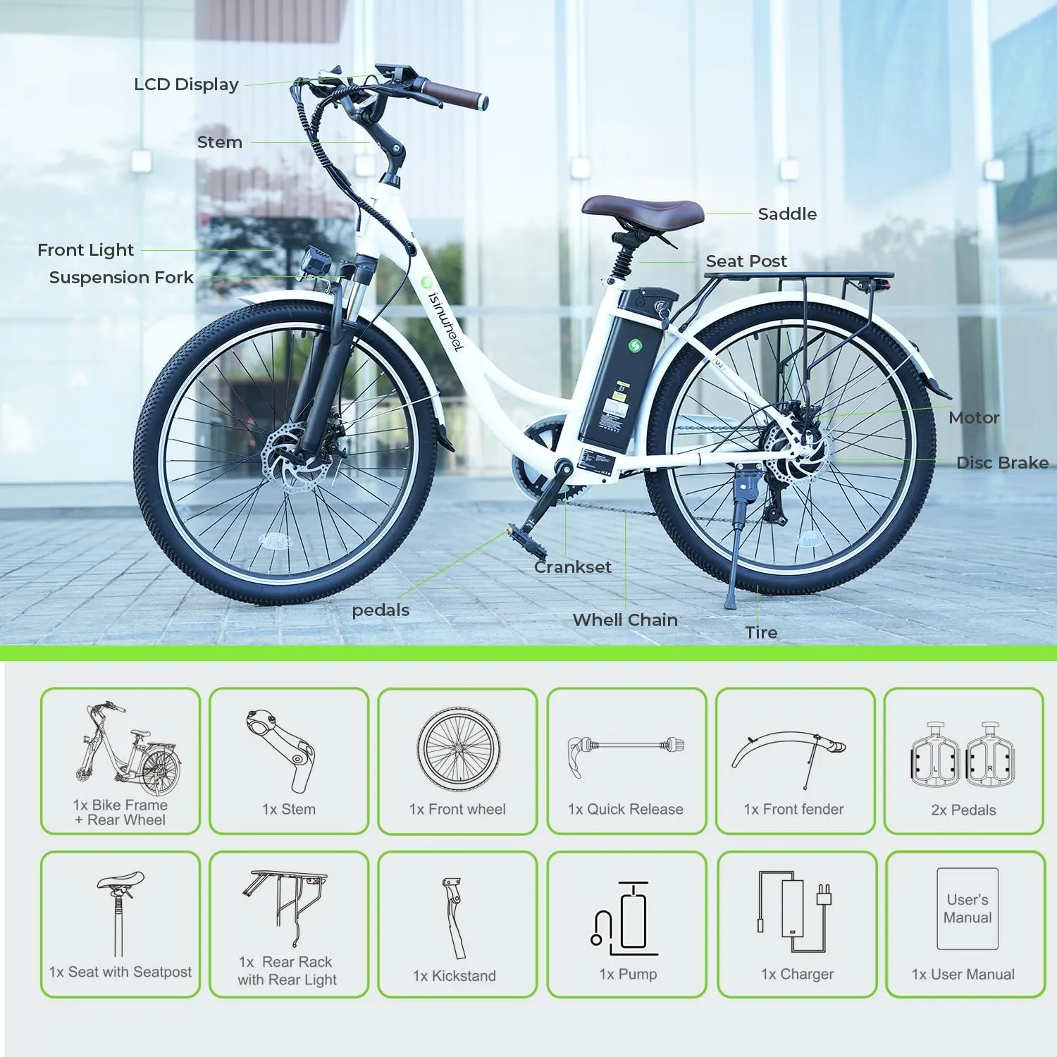 isinwheel M10 Electric Bike Adult 500W, 26" Commuting Electric Mountain Bike 20MPH Max Range 55  Miles, Removable Battery, Professional 35-Speed, Front Fork Suspension Lightweight Electric Bicycle