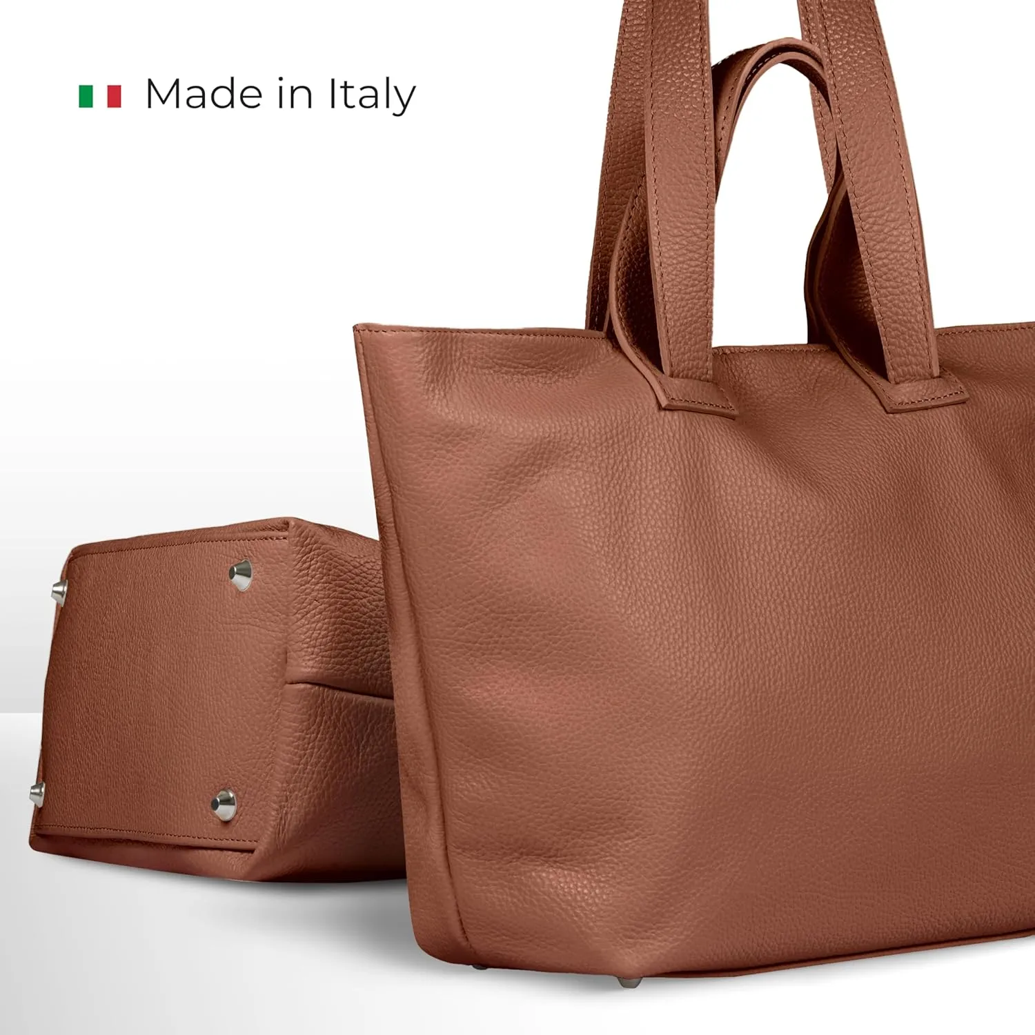 Italian Genuine Calf Leather Tote Satchel Bag for Women with Zipper & Double Straps | Wide Large Work Laptop Shoulder Handbag