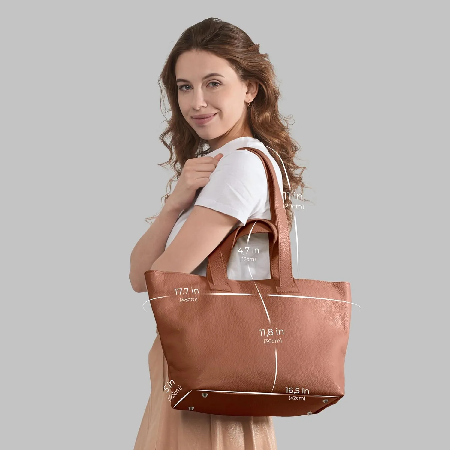 Italian Genuine Calf Leather Tote Satchel Bag for Women with Zipper & Double Straps | Wide Large Work Laptop Shoulder Handbag