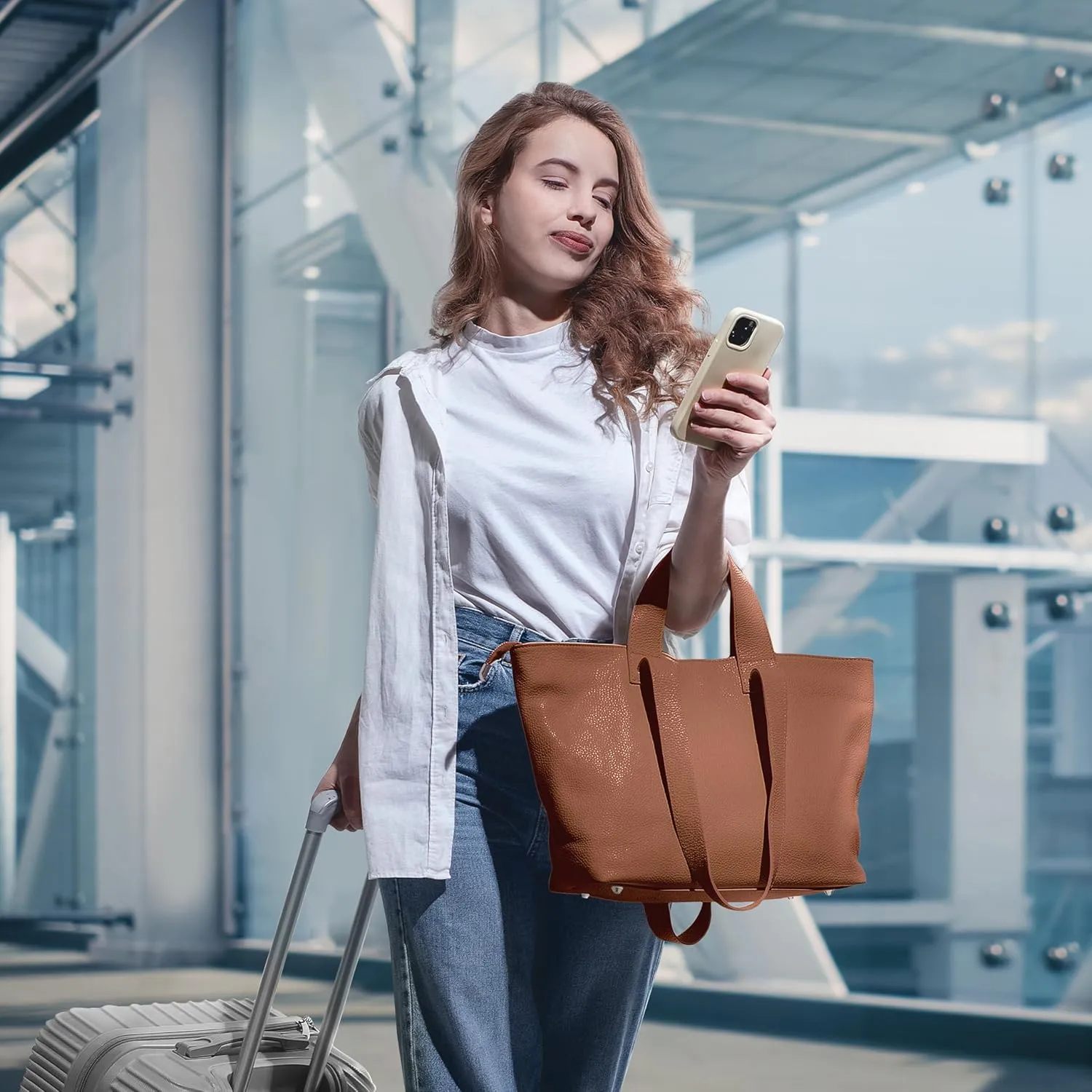 Italian Genuine Calf Leather Tote Satchel Bag for Women with Zipper & Double Straps | Wide Large Work Laptop Shoulder Handbag
