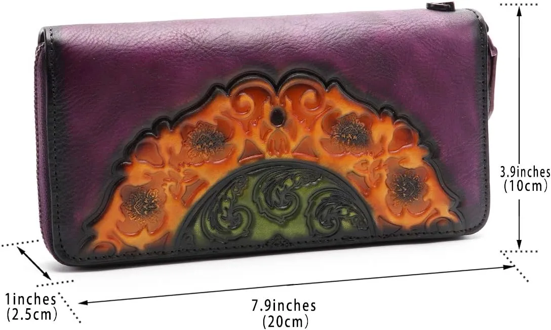 IVTG Genuine Leather Wallets for Women Long Purse Vintage Embossing Cowhide Handmade Small Clutch (Purple)