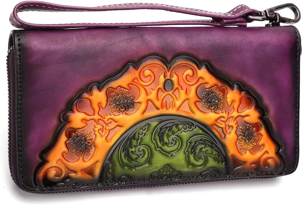 IVTG Genuine Leather Wallets for Women Long Purse Vintage Embossing Cowhide Handmade Small Clutch (Purple)