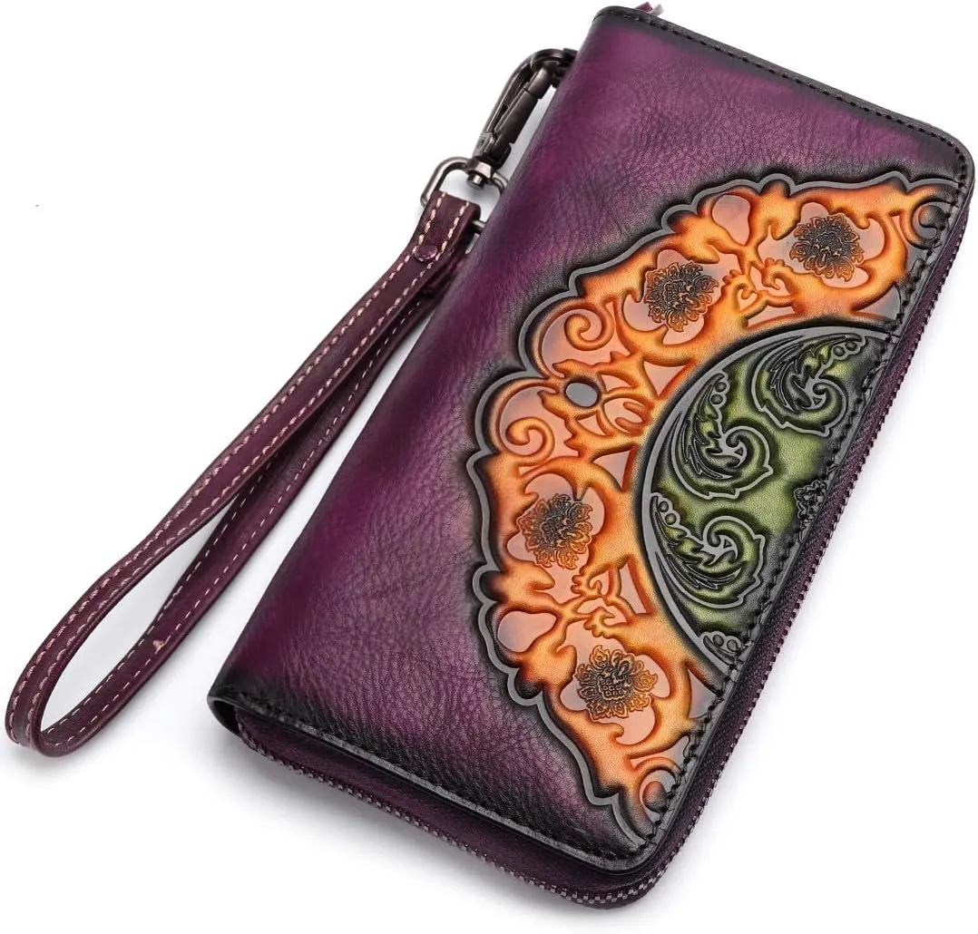 IVTG Genuine Leather Wallets for Women Long Purse Vintage Embossing Cowhide Handmade Small Clutch (Purple)