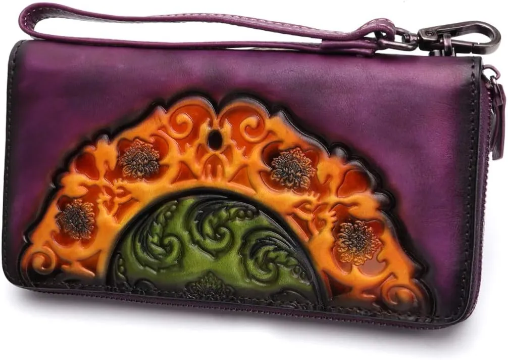 IVTG Genuine Leather Wallets for Women Long Purse Vintage Embossing Cowhide Handmade Small Clutch (Purple)