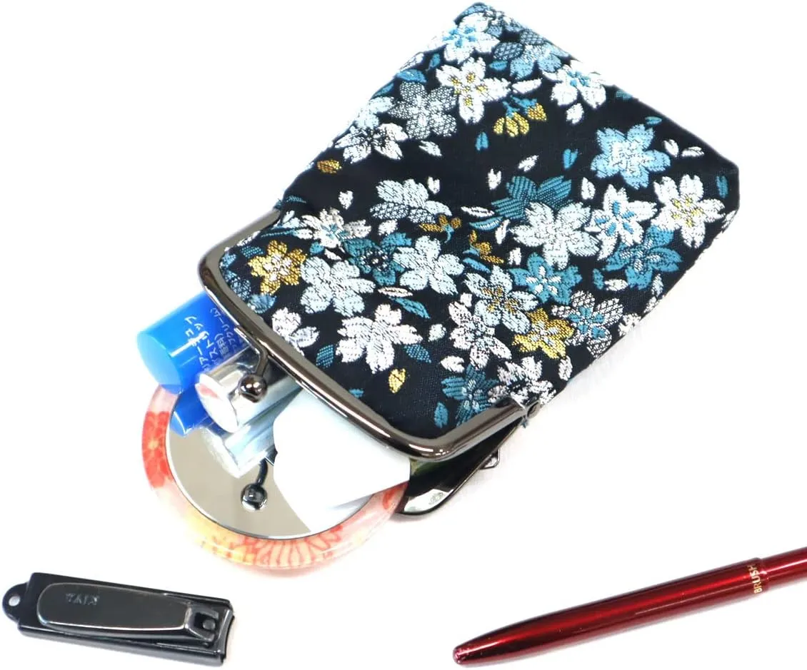 Japanese Kimono Gold Brocade Coin Purse Change Purse Wallets Pouch (Sakura & Hand Fan RED)