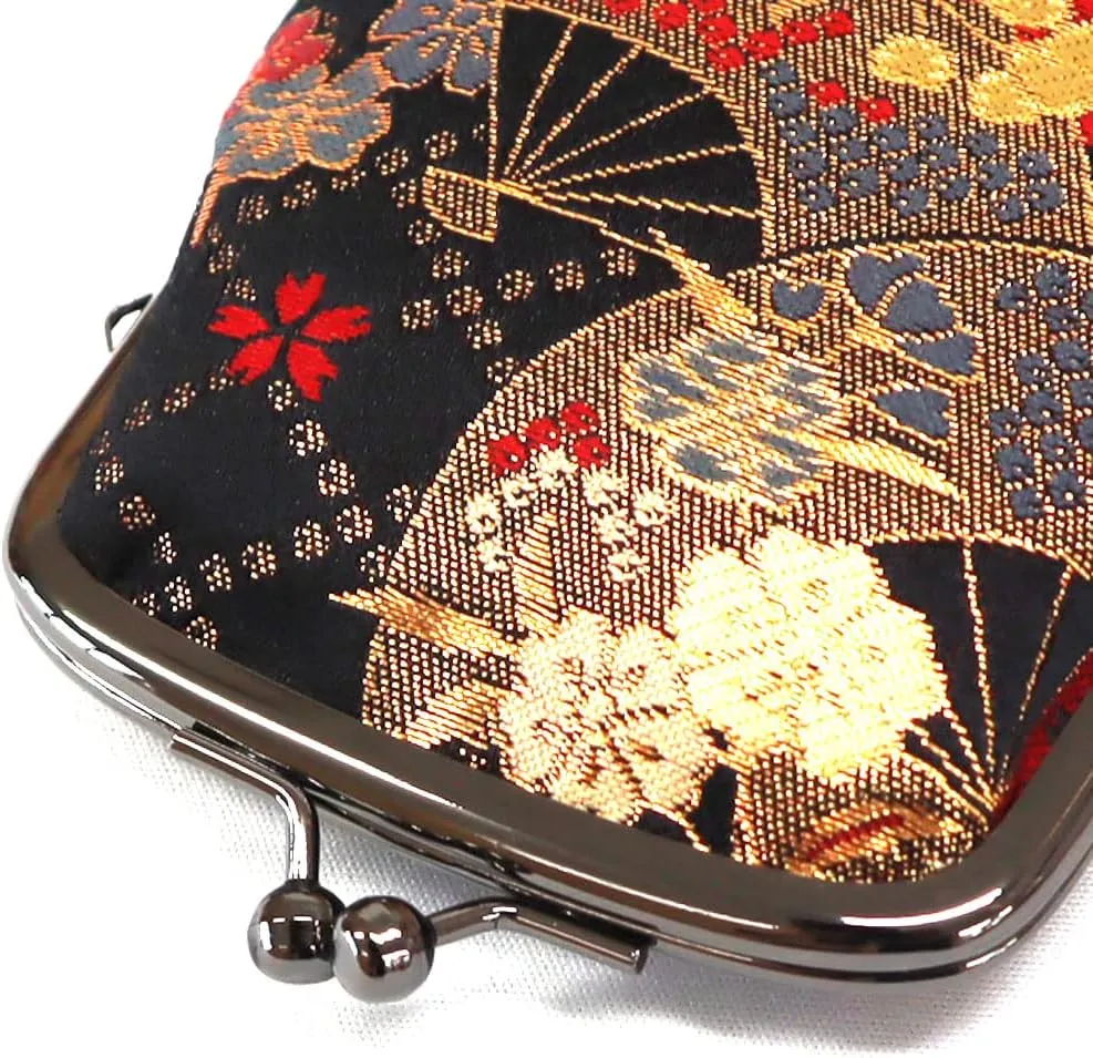 Japanese Kimono Gold Brocade Coin Purse Change Purse Wallets Pouch (Sakura & Hand Fan RED)