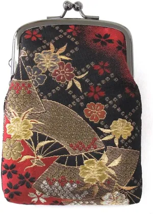 Japanese Kimono Gold Brocade Coin Purse Change Purse Wallets Pouch (Sakura & Hand Fan RED)