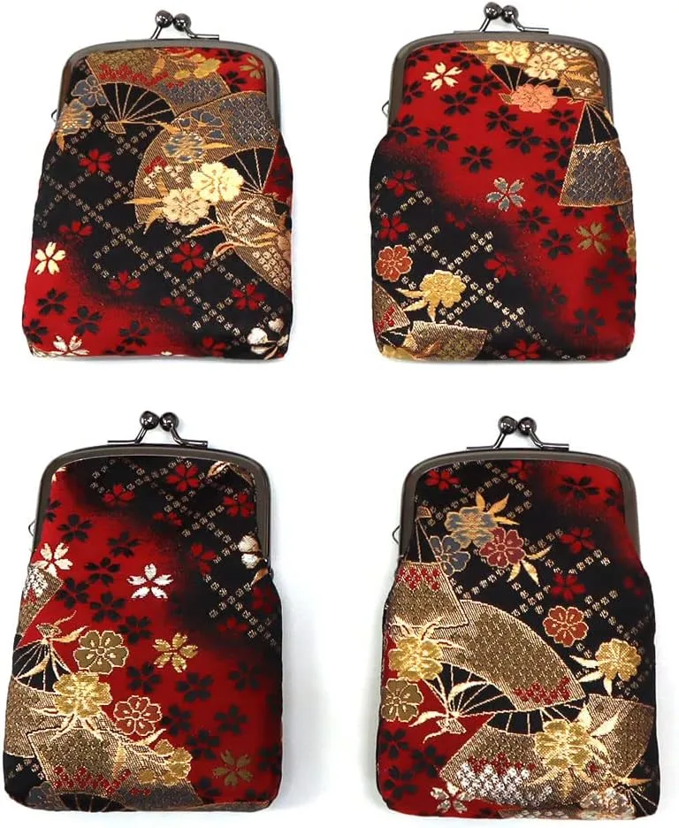 Japanese Kimono Gold Brocade Coin Purse Change Purse Wallets Pouch (Sakura & Hand Fan RED)