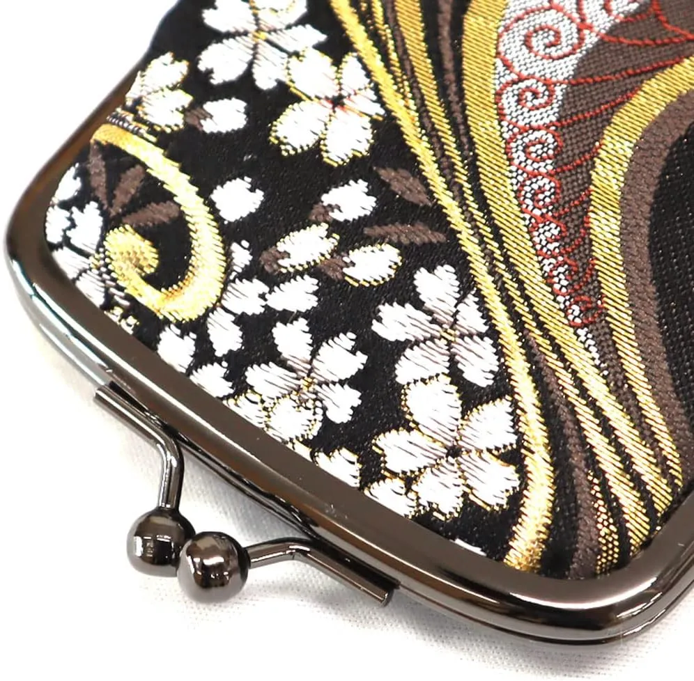 Japanese Kimono Gold Brocade Coin Purse Change Purse Wallets Pouch (Sakura & Wave BLACK)