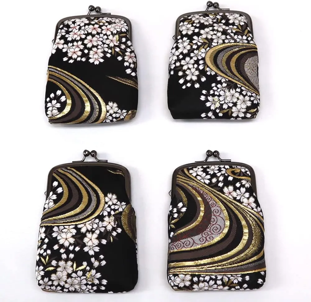 Japanese Kimono Gold Brocade Coin Purse Change Purse Wallets Pouch (Sakura & Wave BLACK)