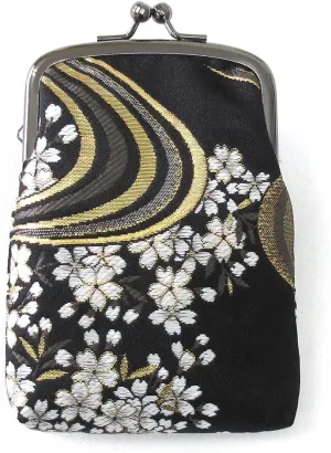 Japanese Kimono Gold Brocade Coin Purse Change Purse Wallets Pouch (Sakura & Wave BLACK)