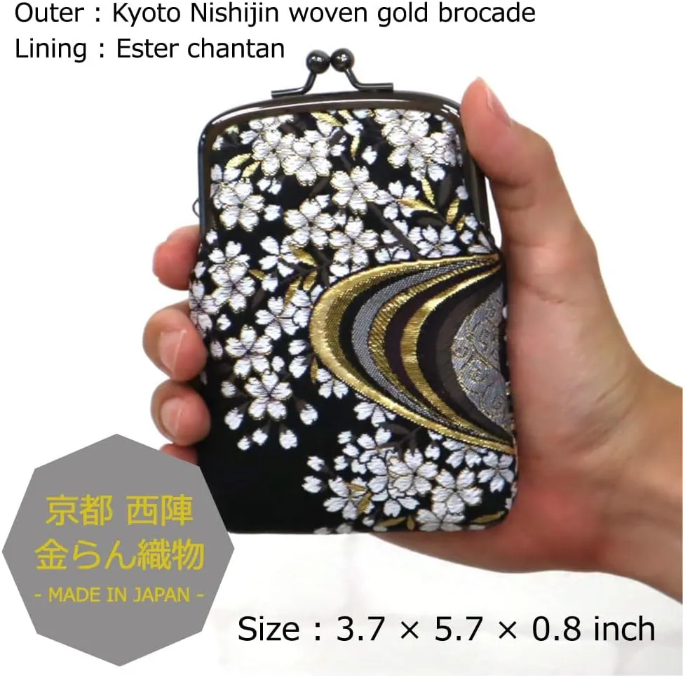 Japanese Kimono Gold Brocade Coin Purse Change Purse Wallets Pouch (Sakura & Wave BLACK)