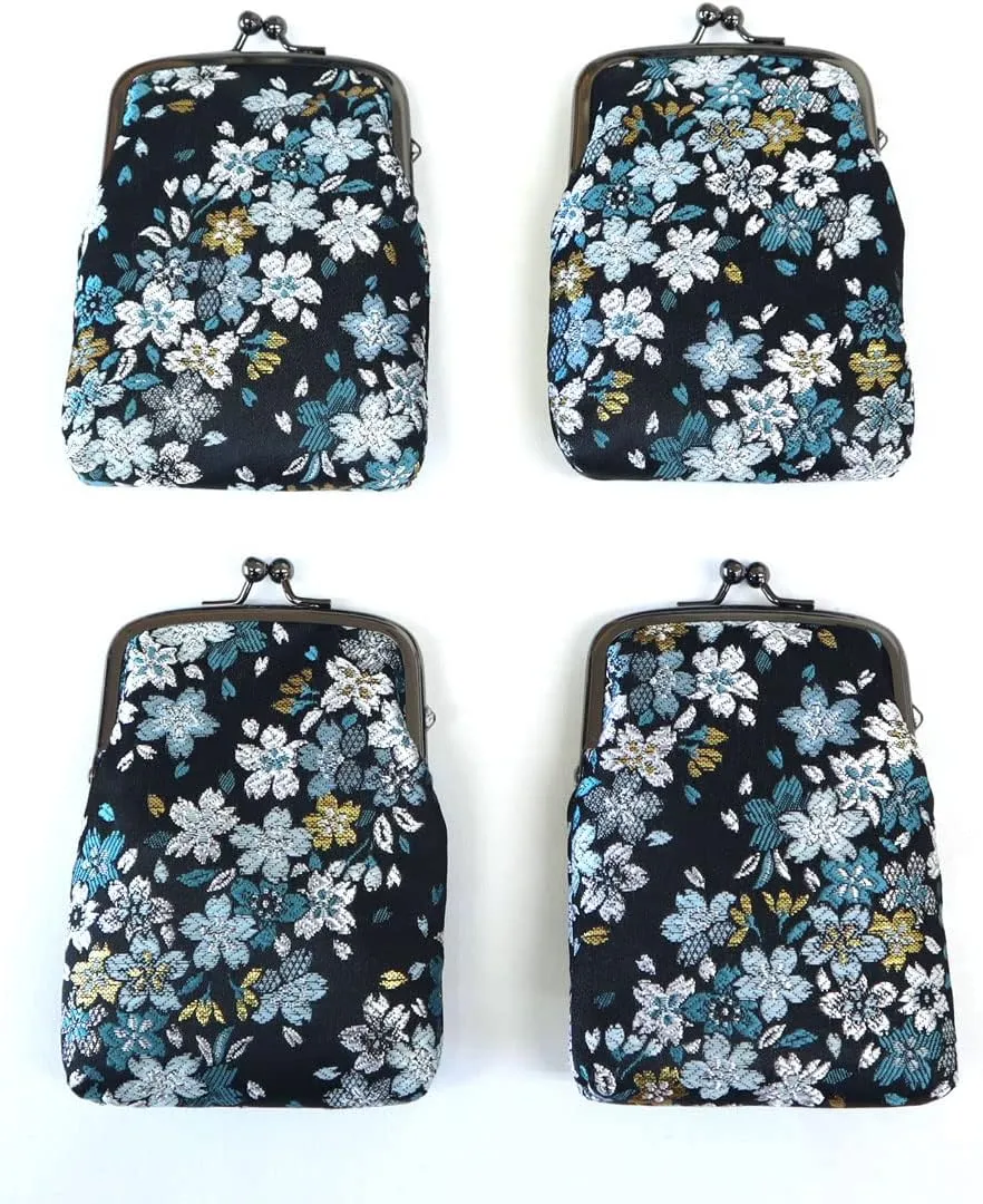 Japanese Kimono Gold Brocade Coin Purse Change Purse Wallets Pouch (Sakura NAVY)