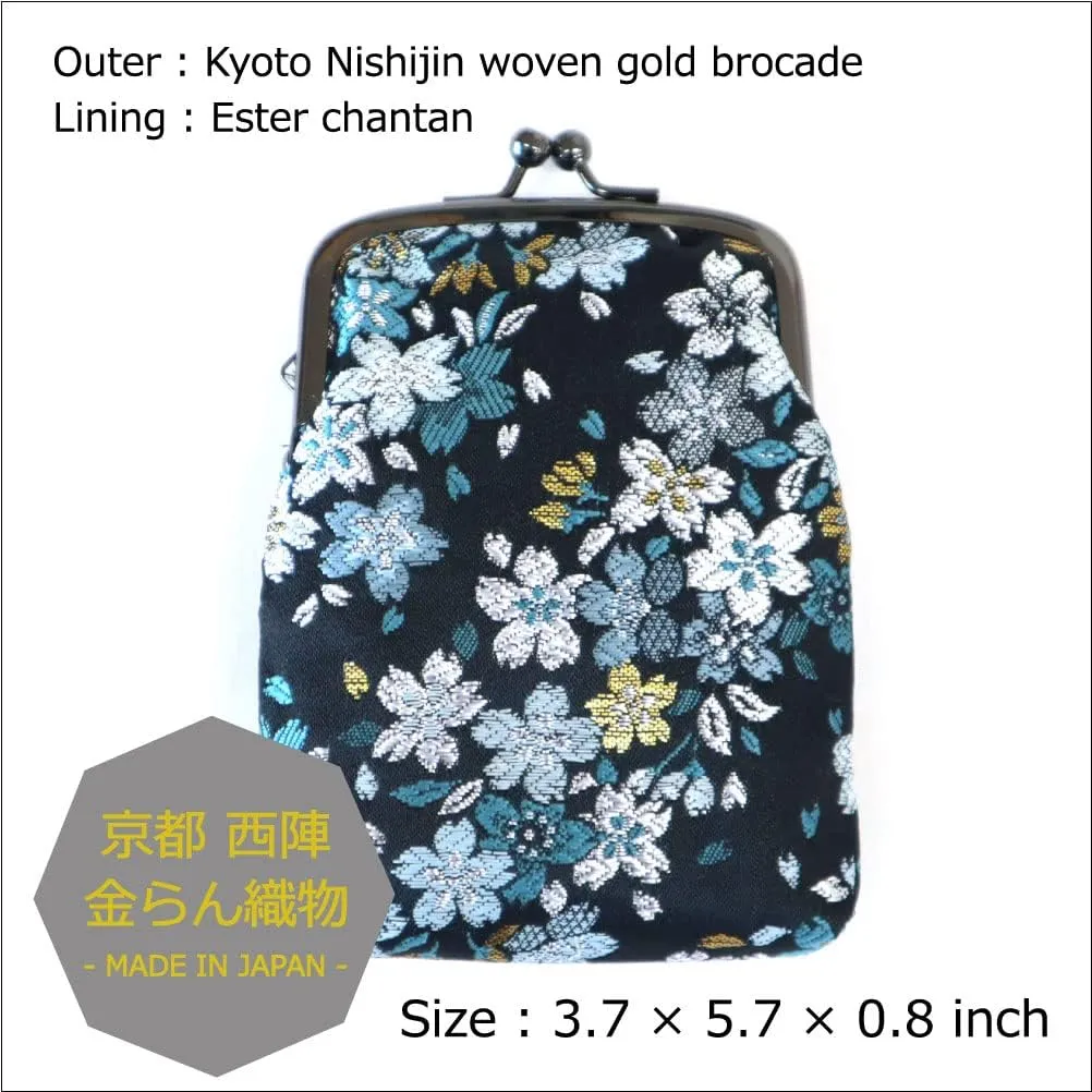 Japanese Kimono Gold Brocade Coin Purse Change Purse Wallets Pouch (Sakura NAVY)