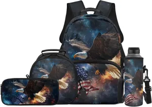 JEOCODY American Flag Eagle Backpack for Girls Kids School Bag with Lunch Bag Pencil Case Water Bottle Holder,Childrens Backpack for Boys Casual Daypack for Travel Hiking