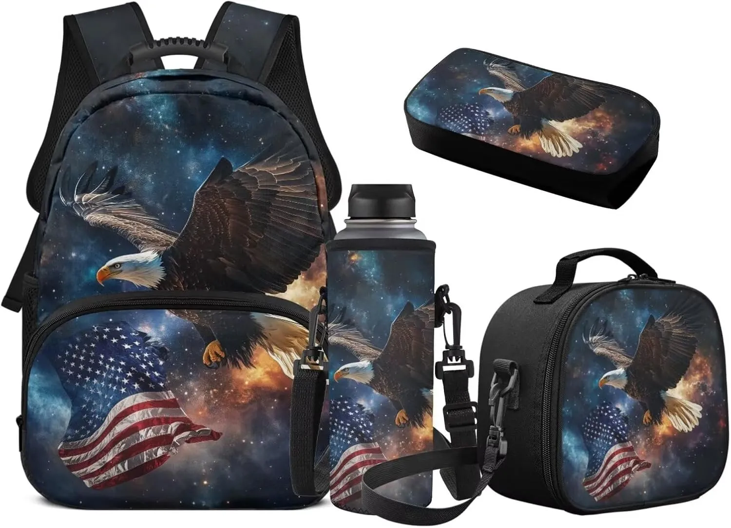 JEOCODY American Flag Eagle Backpack for Girls Kids School Bag with Lunch Bag Pencil Case Water Bottle Holder,Childrens Backpack for Boys Casual Daypack for Travel Hiking