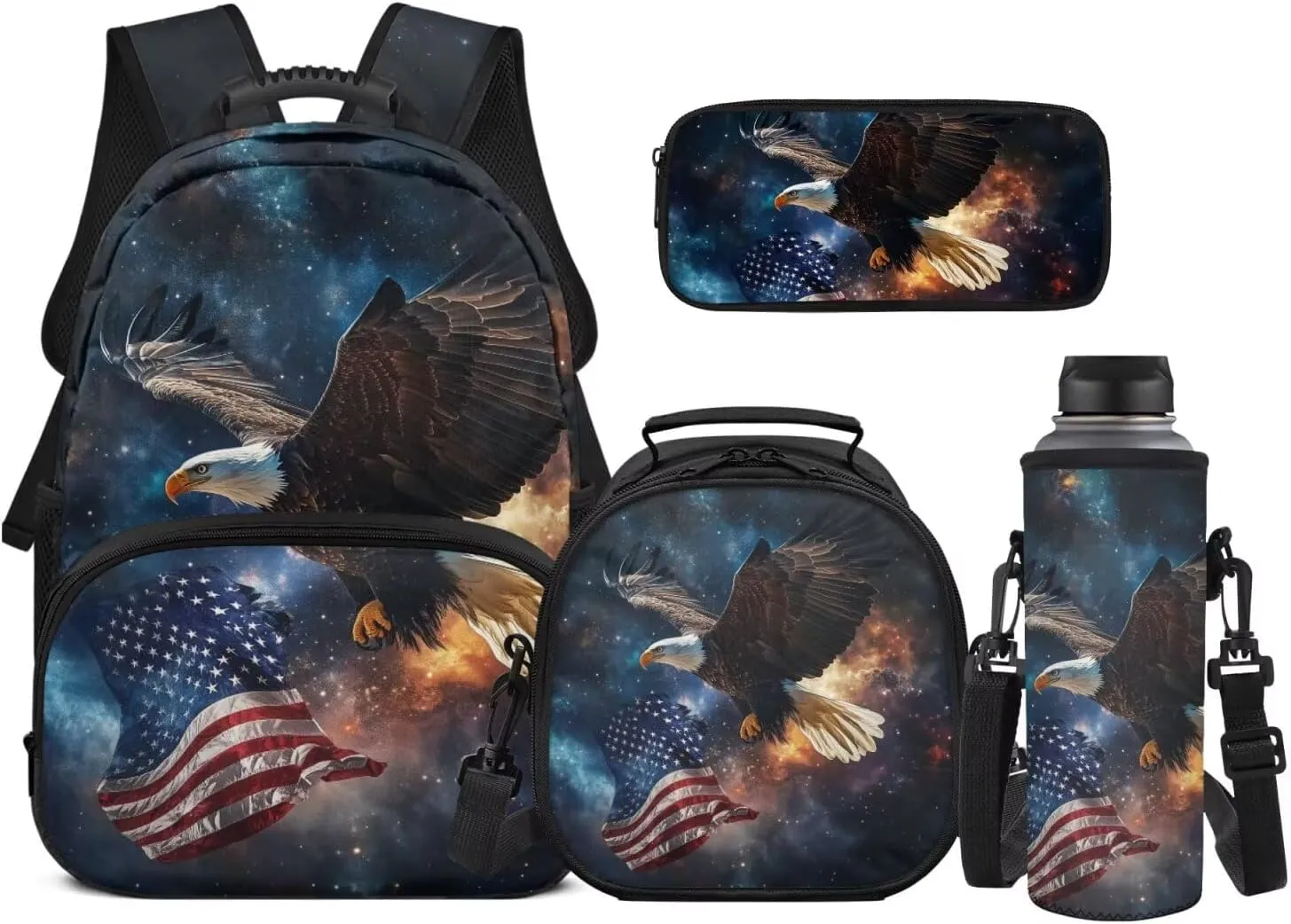 JEOCODY American Flag Eagle Backpack for Girls Kids School Bag with Lunch Bag Pencil Case Water Bottle Holder,Childrens Backpack for Boys Casual Daypack for Travel Hiking