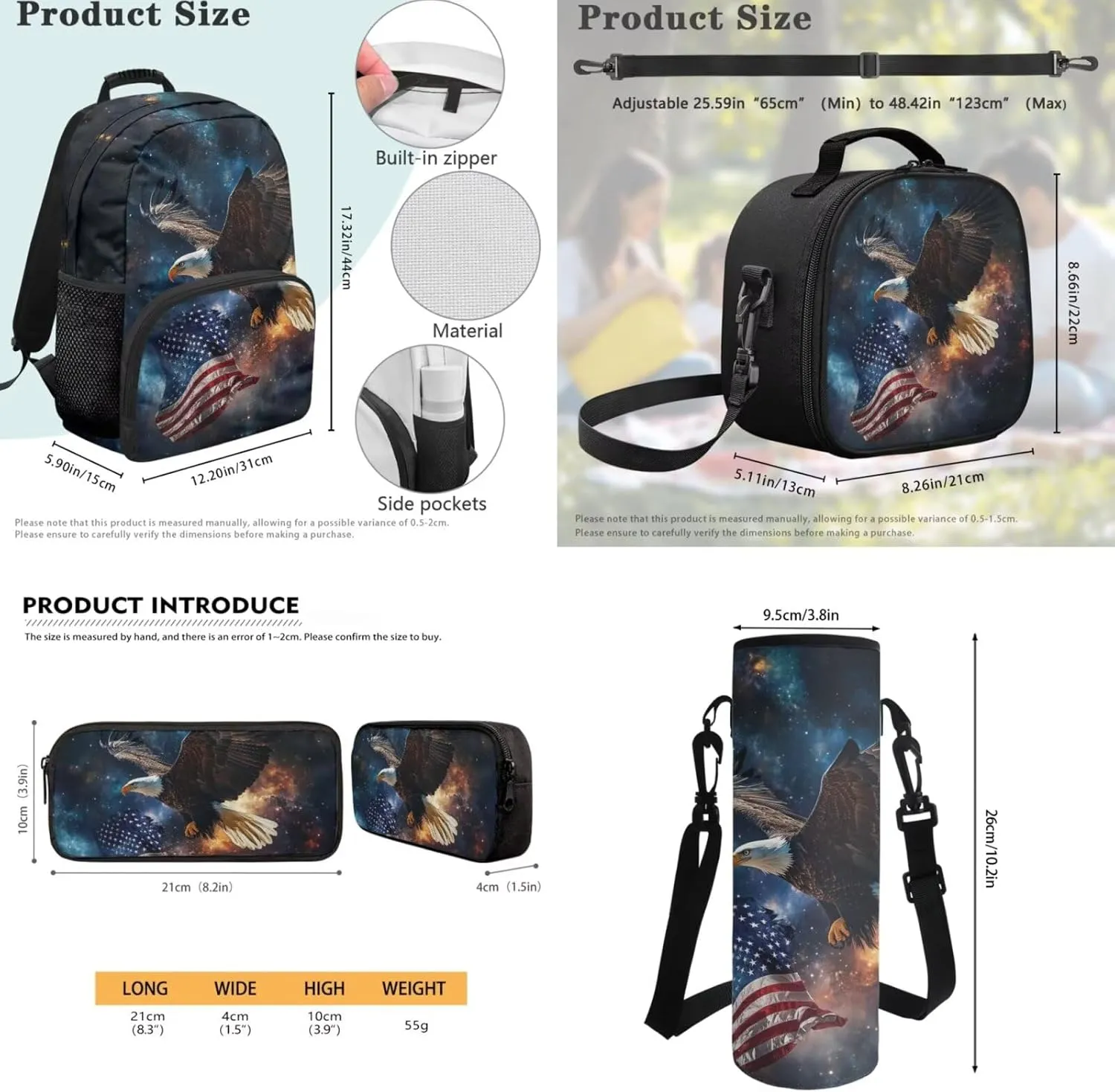 JEOCODY American Flag Eagle Backpack for Girls Kids School Bag with Lunch Bag Pencil Case Water Bottle Holder,Childrens Backpack for Boys Casual Daypack for Travel Hiking