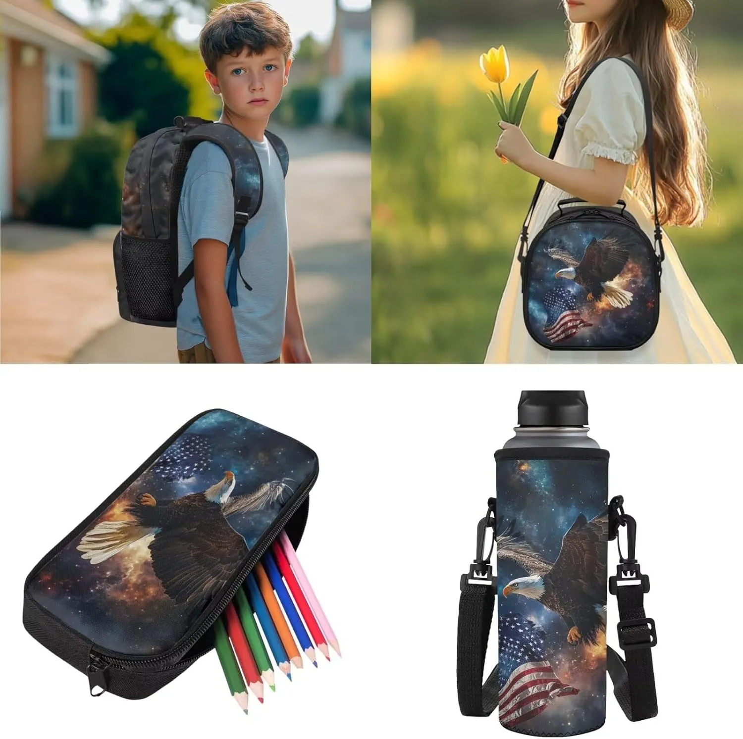 JEOCODY American Flag Eagle Backpack for Girls Kids School Bag with Lunch Bag Pencil Case Water Bottle Holder,Childrens Backpack for Boys Casual Daypack for Travel Hiking