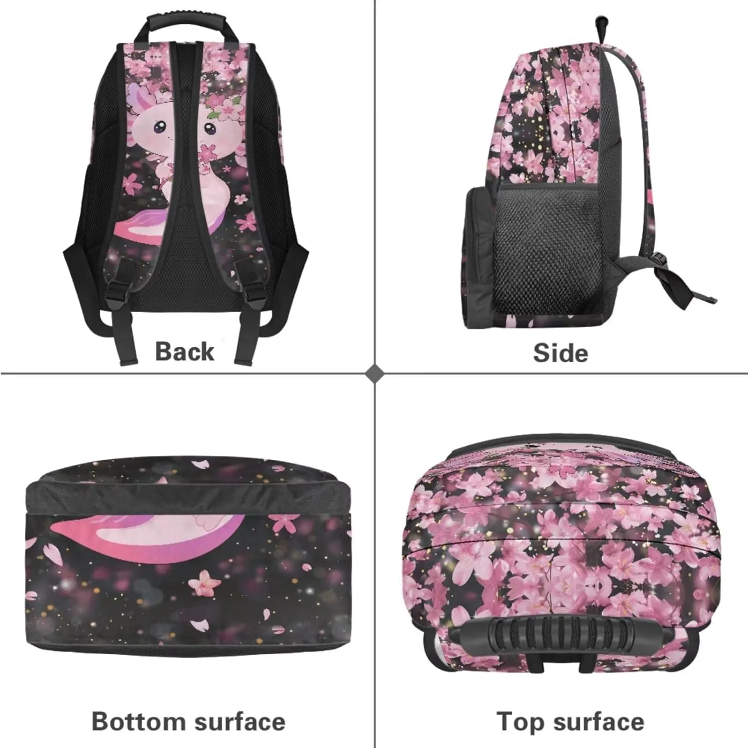 JEOCODY Axolotl Backpack for Girls Kids School Bag and Lunch Box, Cherry Blossom Boys Bookbag 4 Piece School Backpack with Pencil Case and Water Bottle Holder Travel Bag Satchel Daypack for Travel