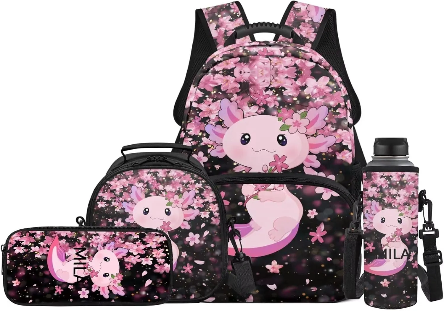JEOCODY Axolotl Backpack for Girls Kids School Bag and Lunch Box, Cherry Blossom Boys Bookbag 4 Piece School Backpack with Pencil Case and Water Bottle Holder Travel Bag Satchel Daypack for Travel