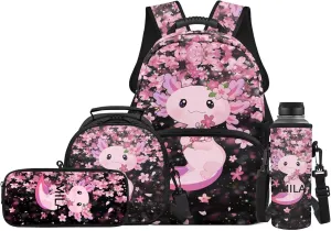 JEOCODY Axolotl Backpack for Girls Kids School Bag and Lunch Box, Cherry Blossom Boys Bookbag 4 Piece School Backpack with Pencil Case and Water Bottle Holder Travel Bag Satchel Daypack for Travel