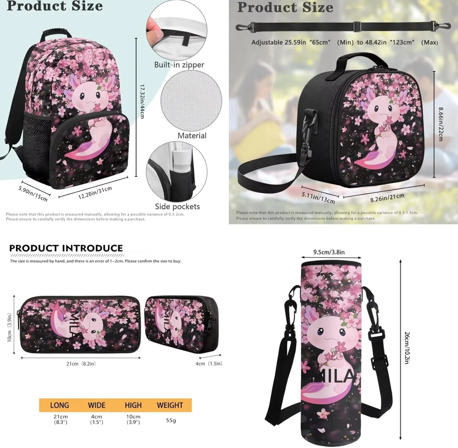 JEOCODY Axolotl Backpack for Girls Kids School Bag and Lunch Box, Cherry Blossom Boys Bookbag 4 Piece School Backpack with Pencil Case and Water Bottle Holder Travel Bag Satchel Daypack for Travel