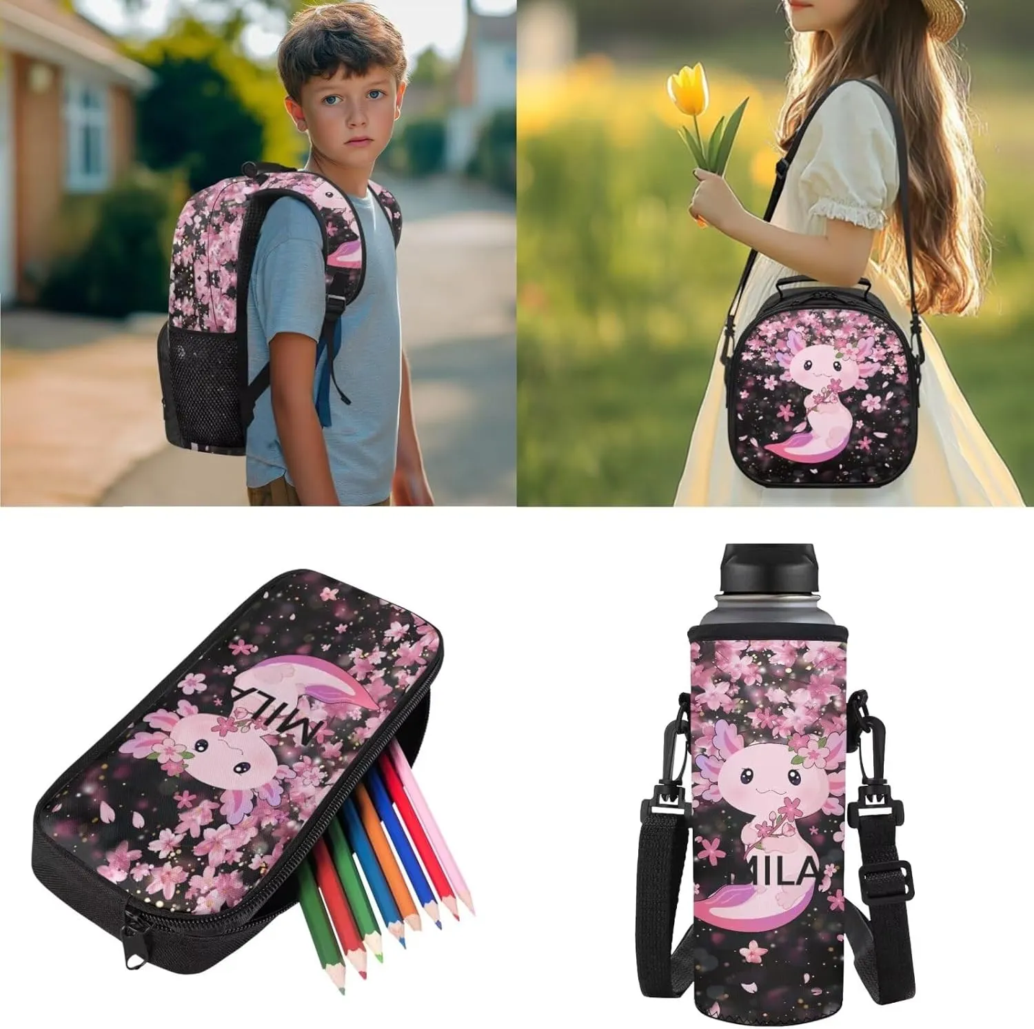 JEOCODY Axolotl Backpack for Girls Kids School Bag and Lunch Box, Cherry Blossom Boys Bookbag 4 Piece School Backpack with Pencil Case and Water Bottle Holder Travel Bag Satchel Daypack for Travel